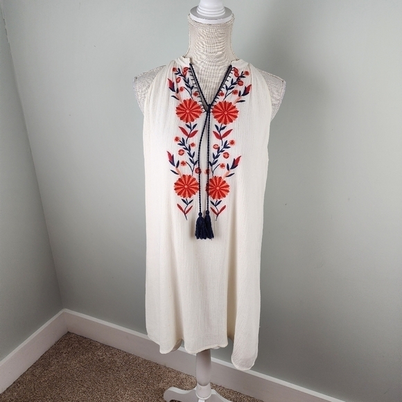 THML Roonie Embroidered Sleeveless Lined Tassel Tie Mini Swing Dress Size Mefium - Picture 1 of 8